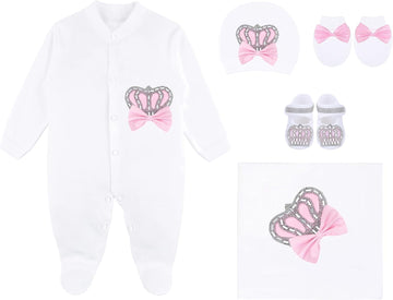 Baby Girl Newborn Jewels Crown Pink Take Me Home Layette 5 Piece Deluxe Gift Set