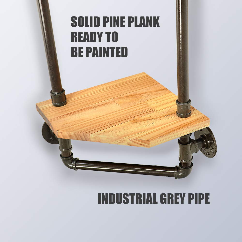 Industrial Pipe Shelf, Rustic Corner Shelves with Towel Bar, Bathroom Shelves Wall Mounted, 3 Tiered Metal&Real Wood