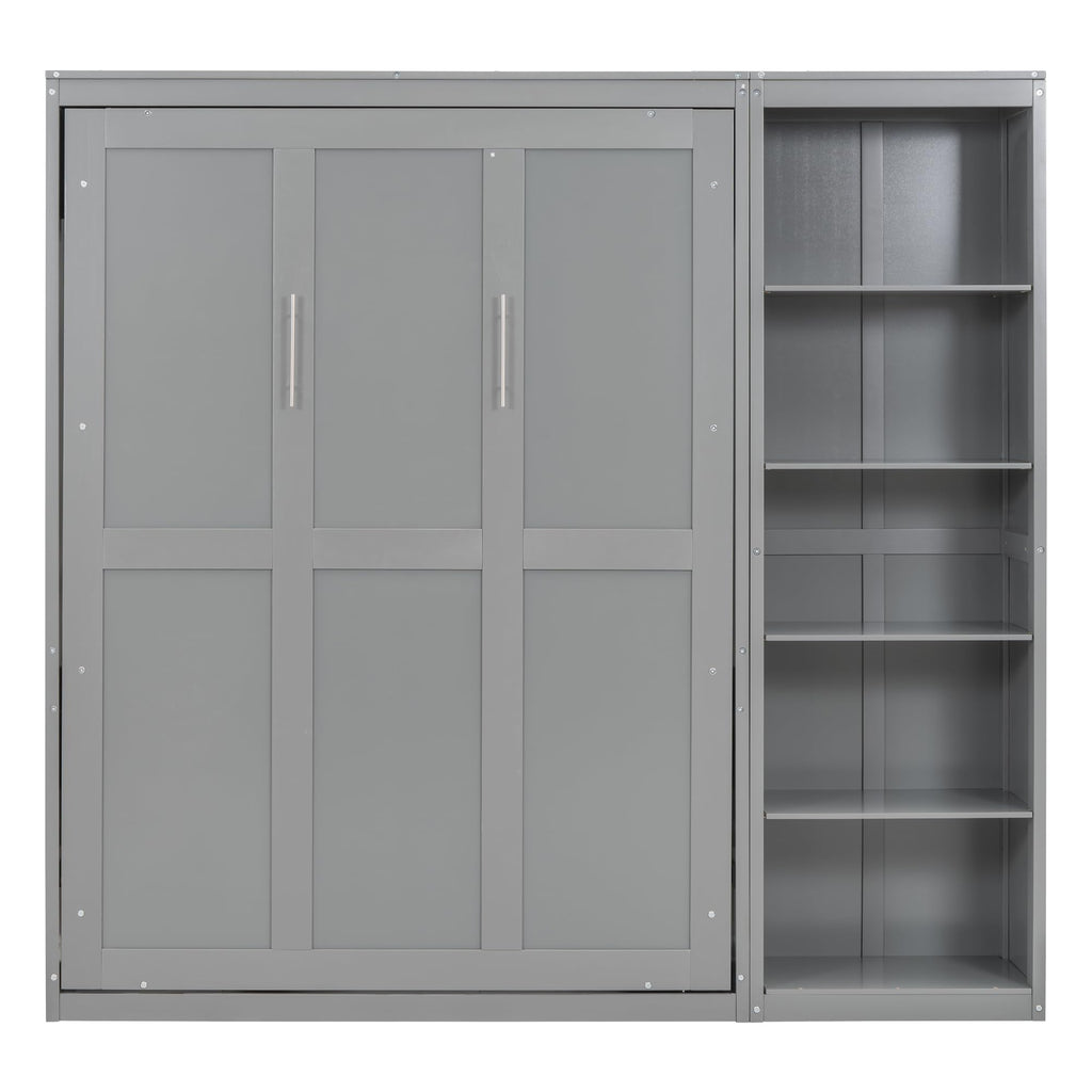 Space-Saving Gray Murphy Bed Full Size with Adjustable Storage Shelves, Multifunctional Foldable Wall Bed for Small