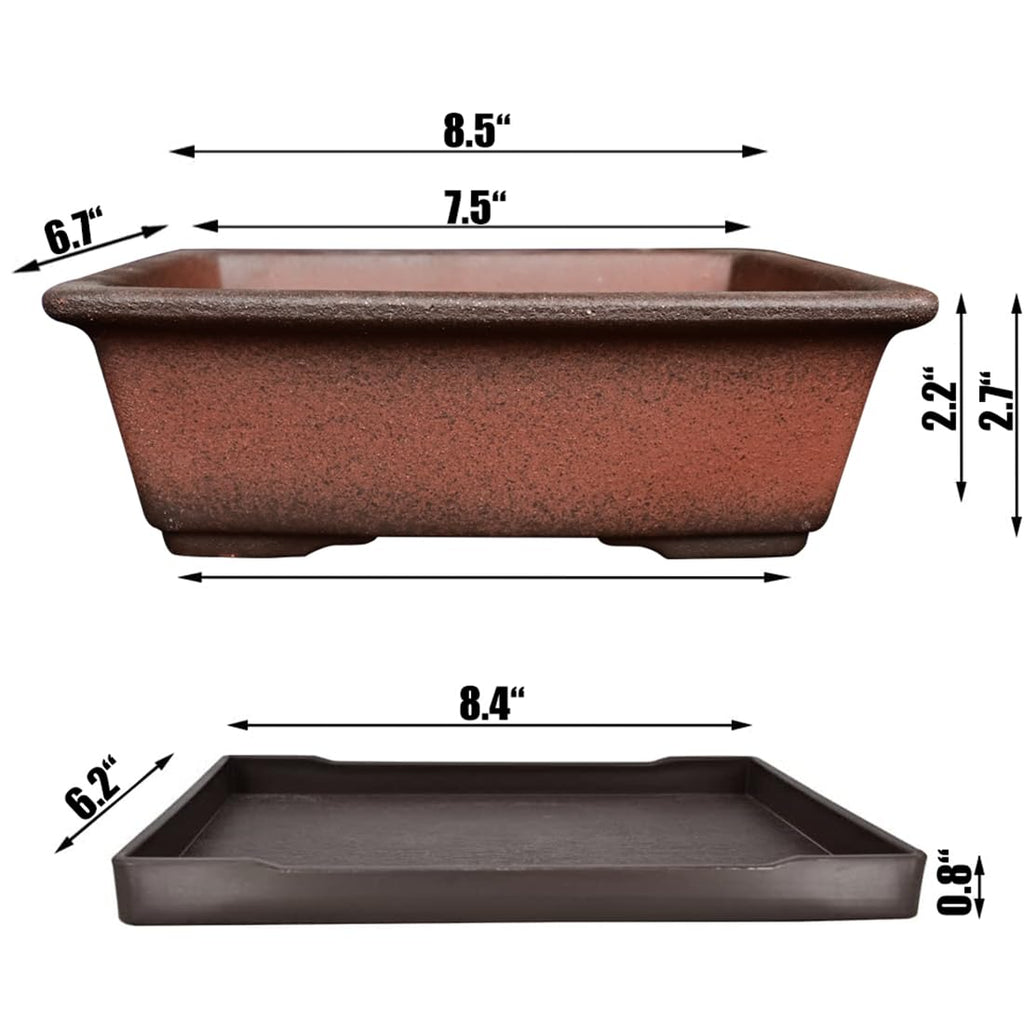 Decorative Ceramic Bonsai Planter Pot 8.5 Inch with Tray, Breathable Unglazed Rectangle Terracotta Clay Pot for Tree