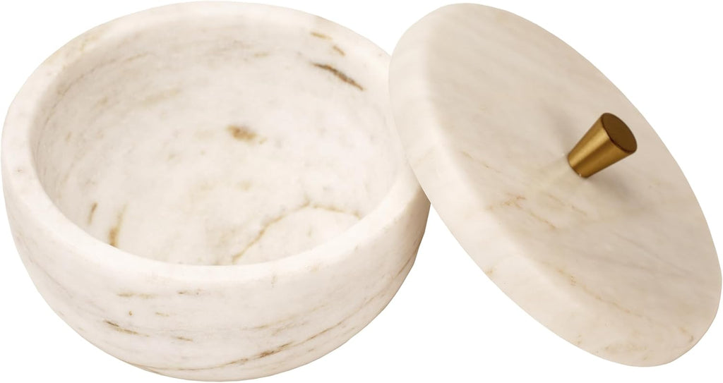 White Marble Storage Box with Copper Knob - Round Decorative Organizer for Jewelry, Trinkets, Bathroom or Office