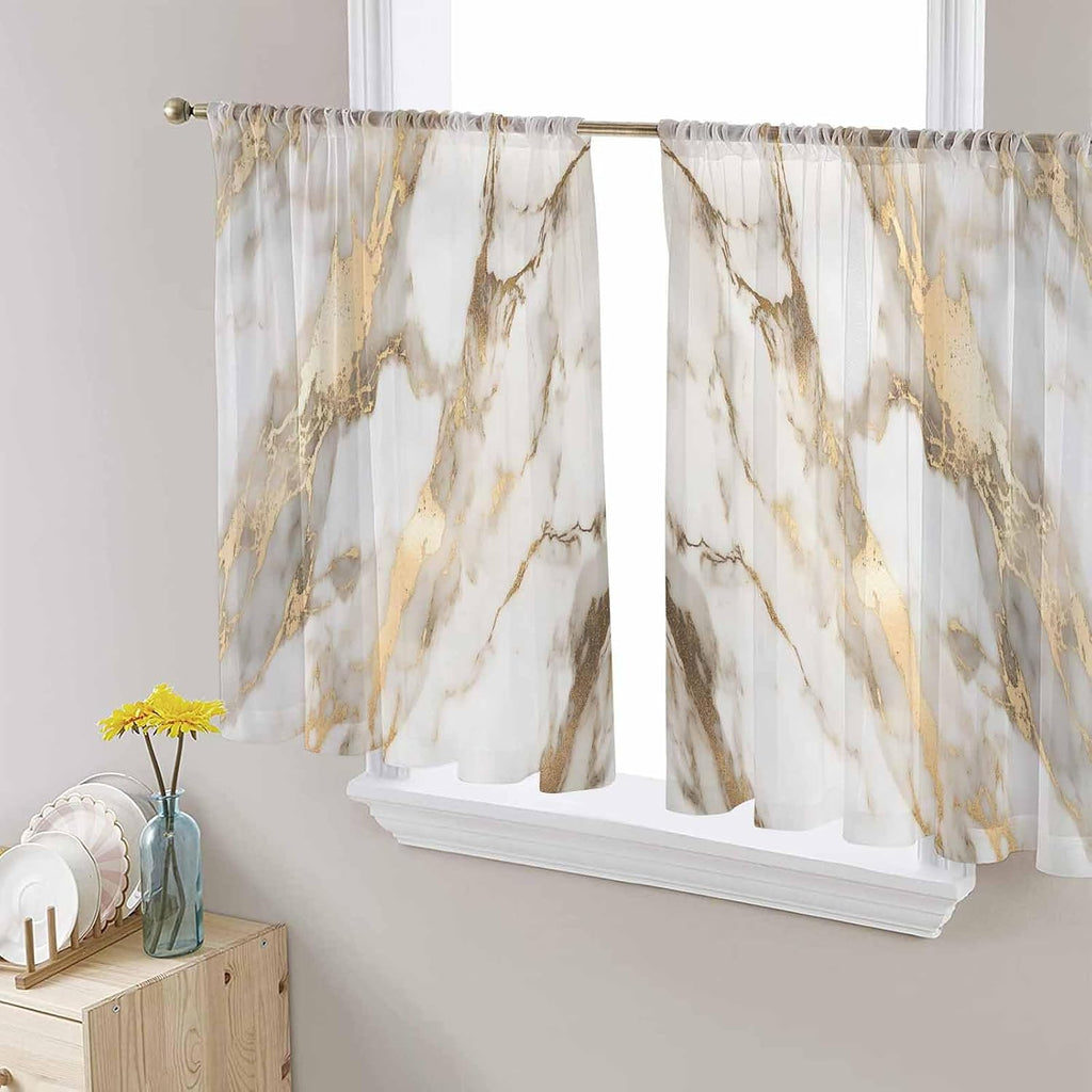 Sheer Curtains (Set of 2 Panels) 45 Inches Long, Marble Gold Light Filtering Window Curtains, Abstract Luxury Wave Gold Marbling Modern
