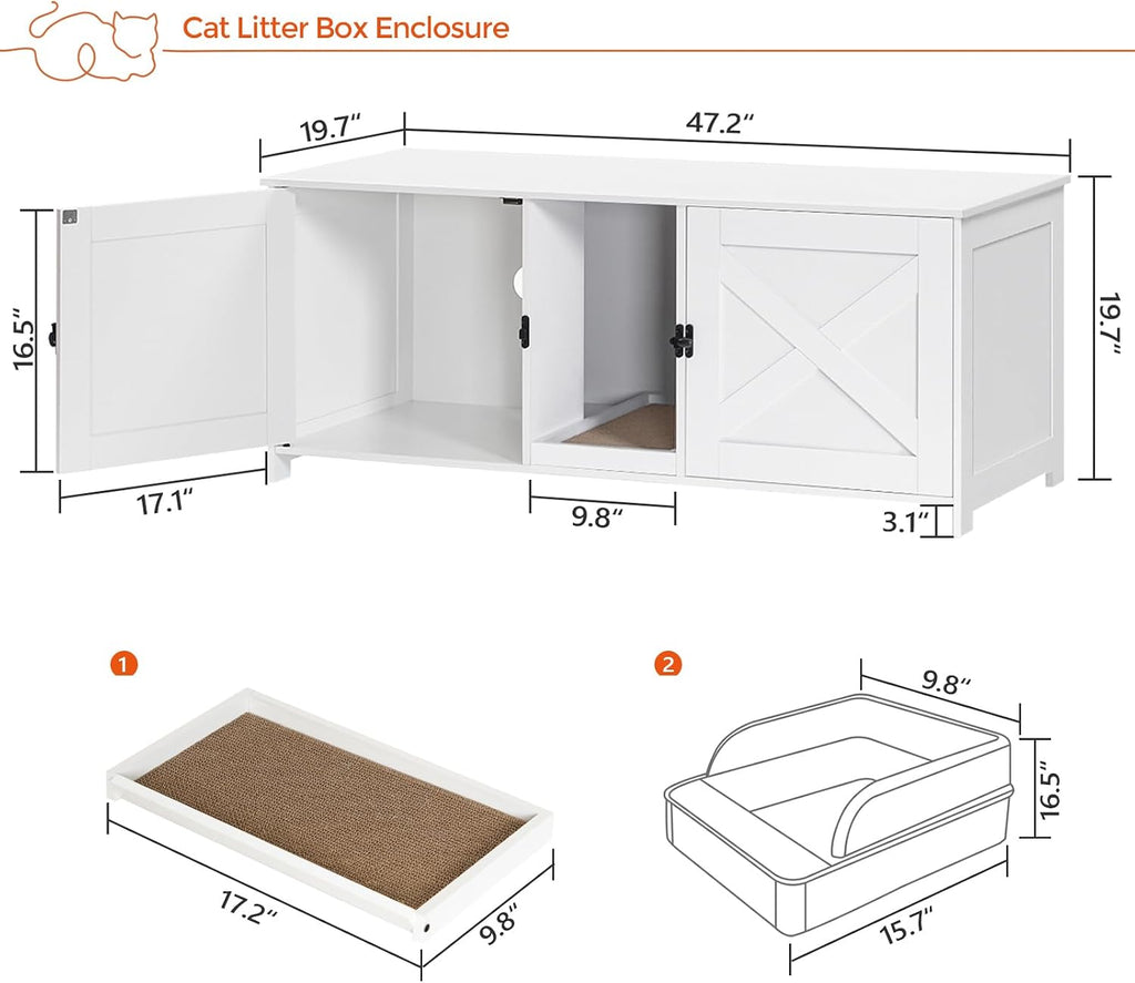 Cat Litter Box Enclosure for 2 Cats, 47.2" Hidden Litter Box Furniture with Double Room, Wooden Cats Washroom