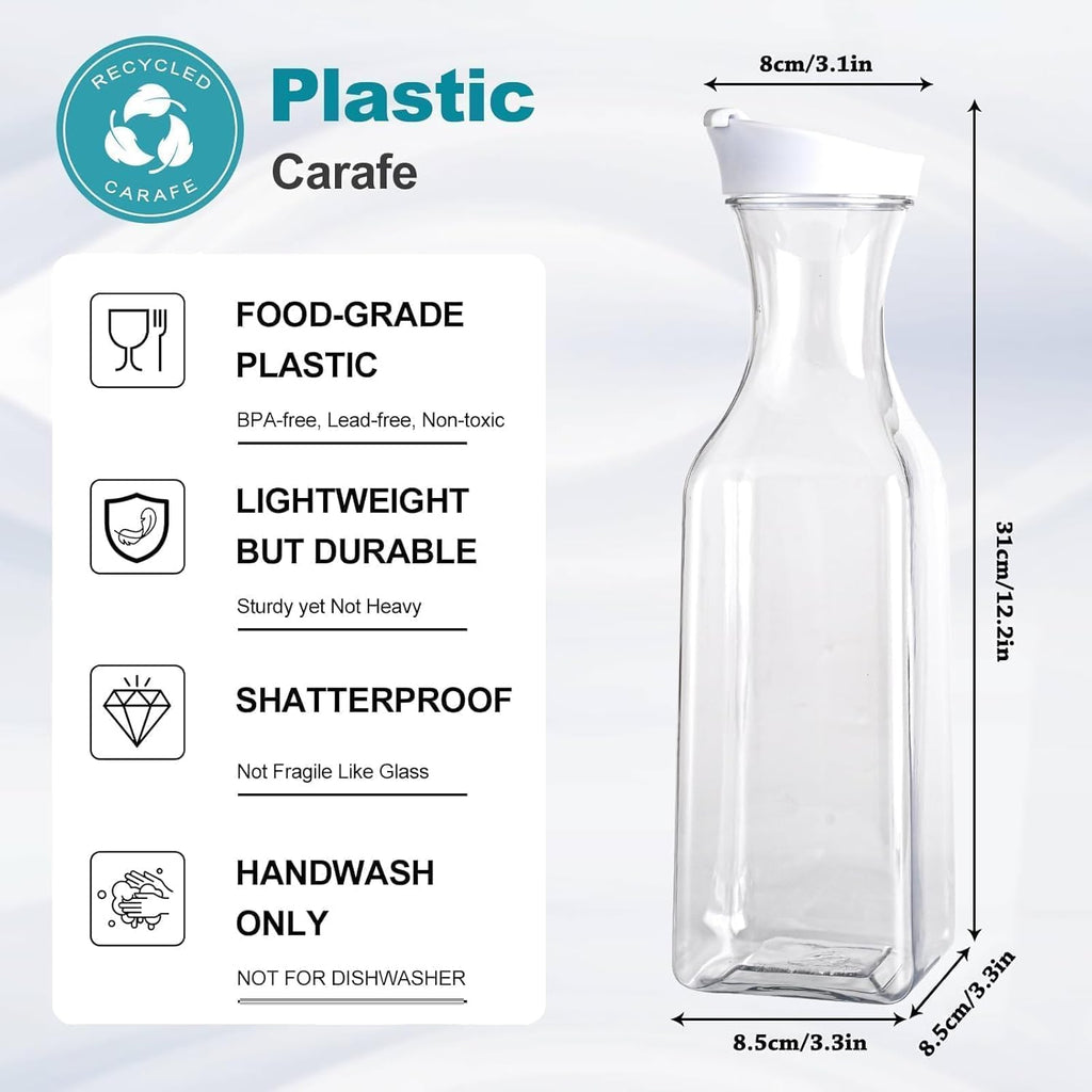 Set of 4 Plastic Carafe with Lid, 50 Oz Carafes for Mimosa Bar, Square Base Juice Containers, Water Bottle, Milk