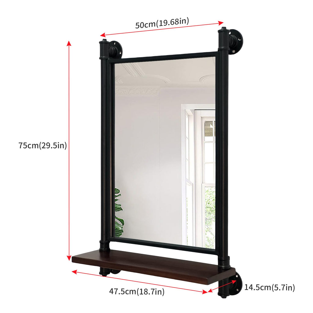 Industrial Pipe Wall Mirror with Shelf, Rustic Bathroom Mirror with Shelves