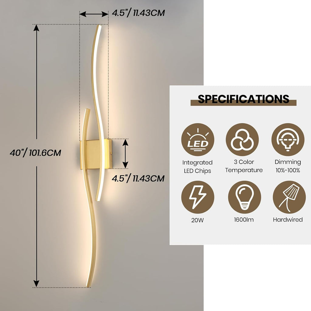 Modern LED Wall Sconce Set of Two with Remote Control, 40" Dimmable Wall Sconces Lighting Set of 2, Gold Wall Light