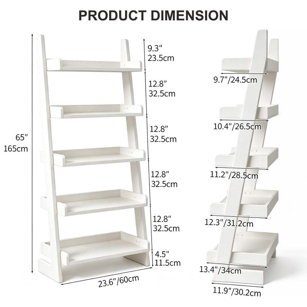 Ladder Bookshelf, 5-Tier Modern Wooden Leaning Book Shelf with Baffle