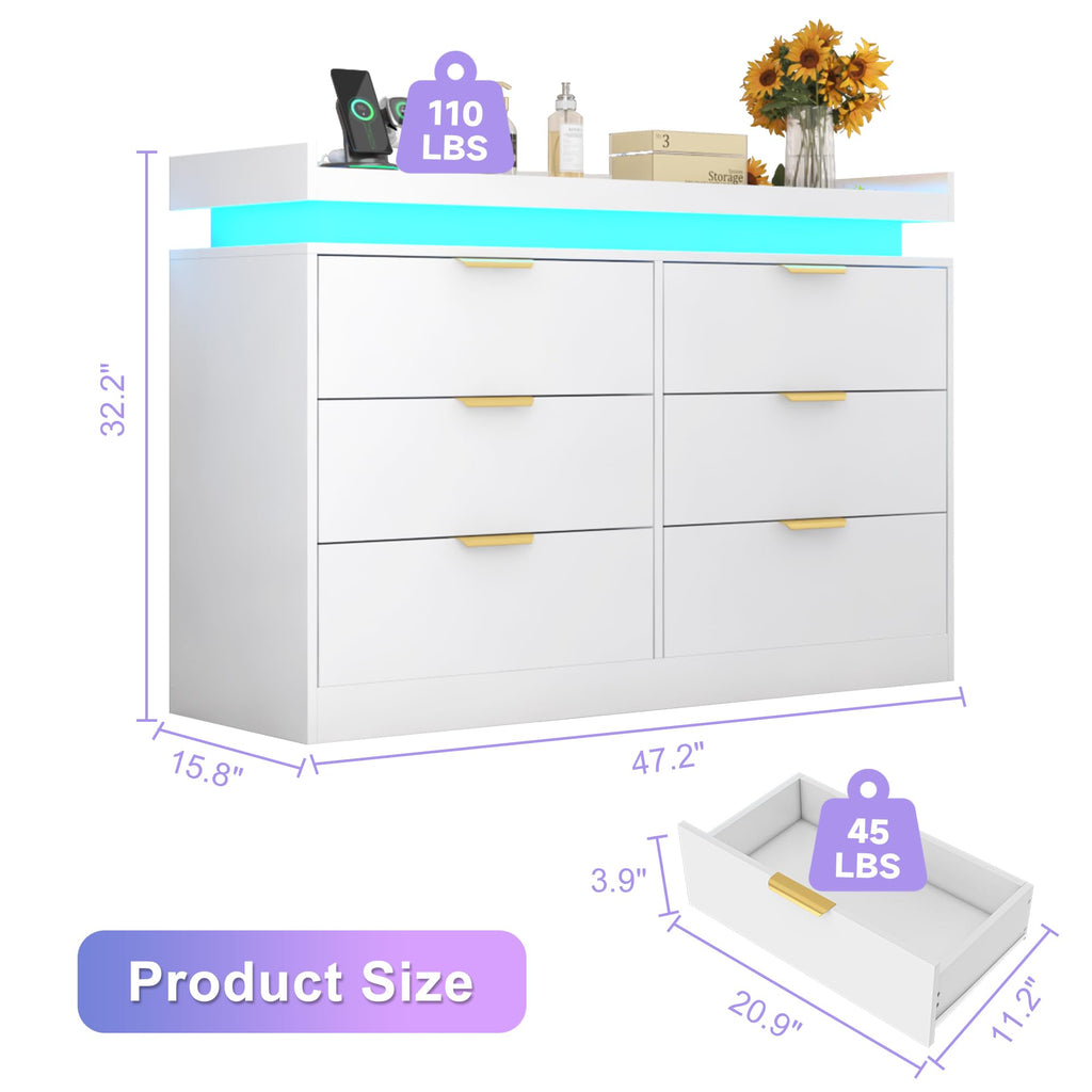6 Drawer, White with LED Lights and Power Outlet, Wooden Dressers Chests of Drawers, Double Wide Dressers
