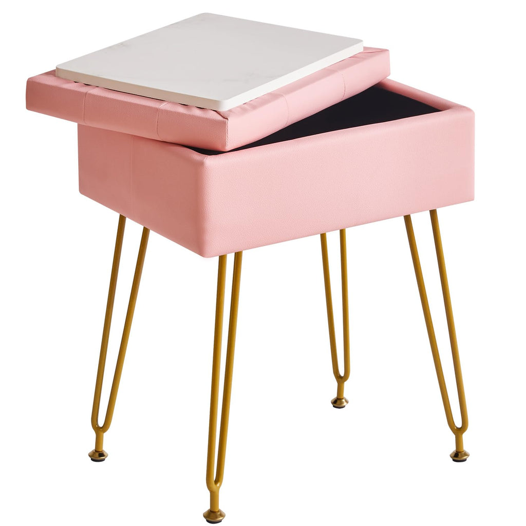 PU Storage Vanity Stool with Flip Tabletop, Ottoman, Pink
