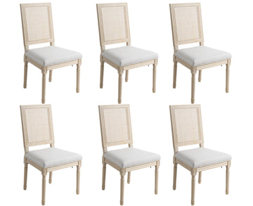 Farmhouse Dining Room Chairs, Fabric French Distressed Bedroom Chairs with Rectangle Rattan Back, Elegant Tufted