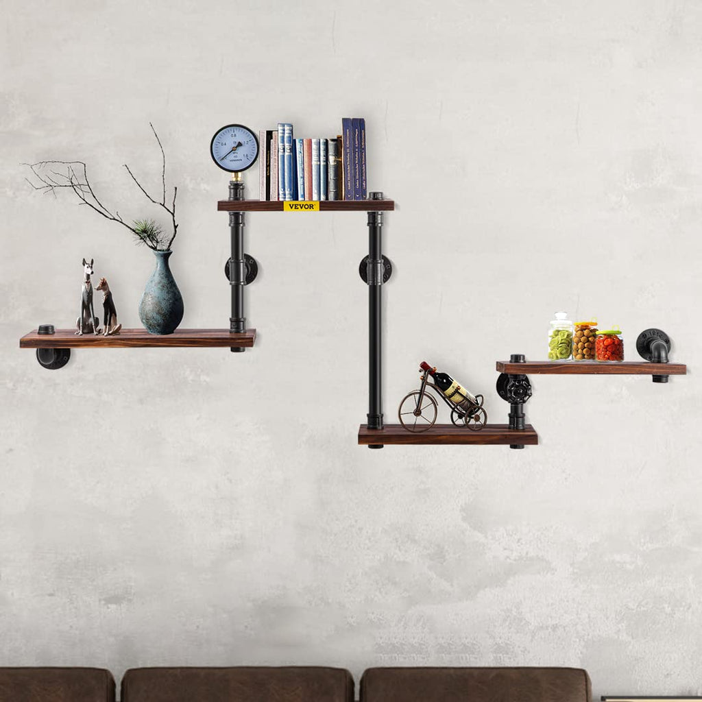 Industrial Pipe Shelving, Pipe Shelves with 4-Tier Wood Planks, Rustic Floating Shelves Wall Mounted, Wall Shelf DIY