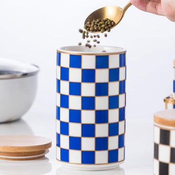 Checkered Airtight Ceramic Canister with Bamboo Lid for Food Storage