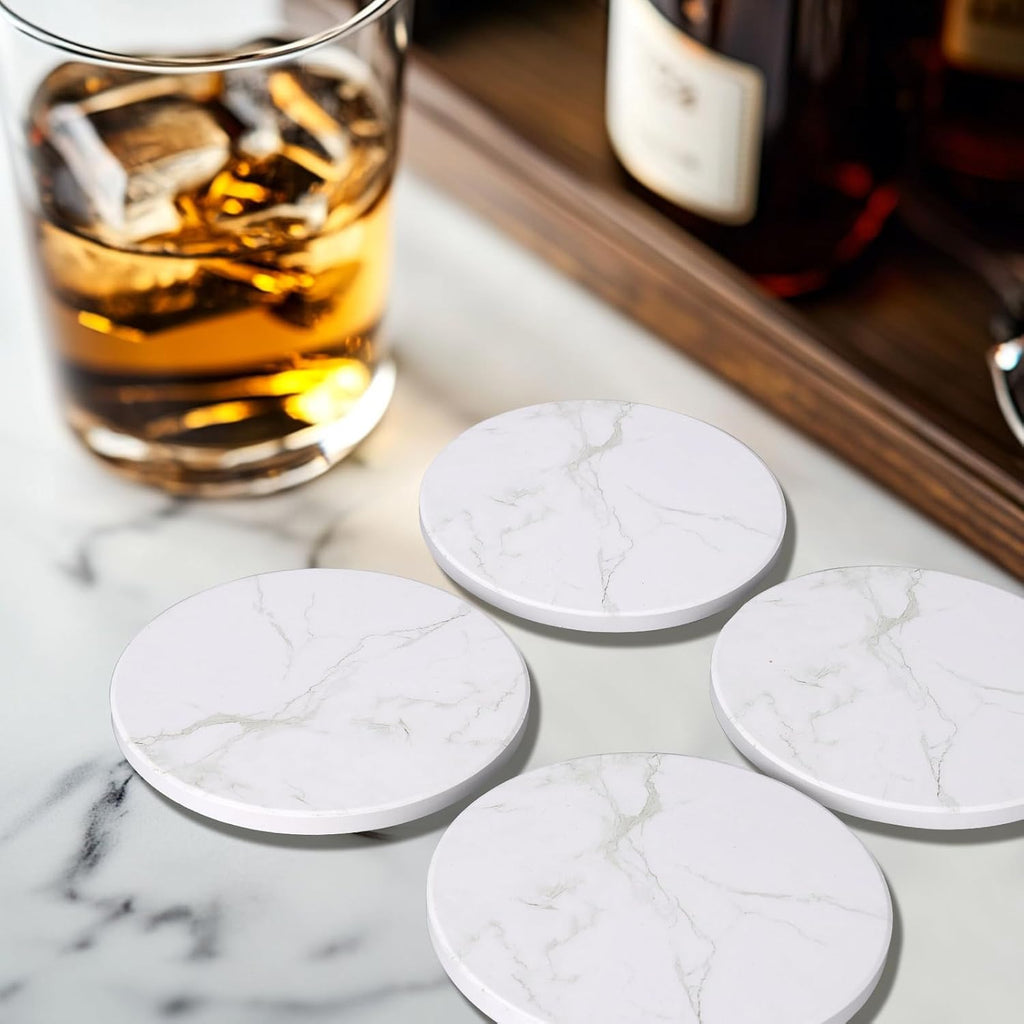 Coasters White Marble Style Ceramic Drink Coasters with Holde Coffee Table Decor Drinks Absorbent Stone - Set of 6