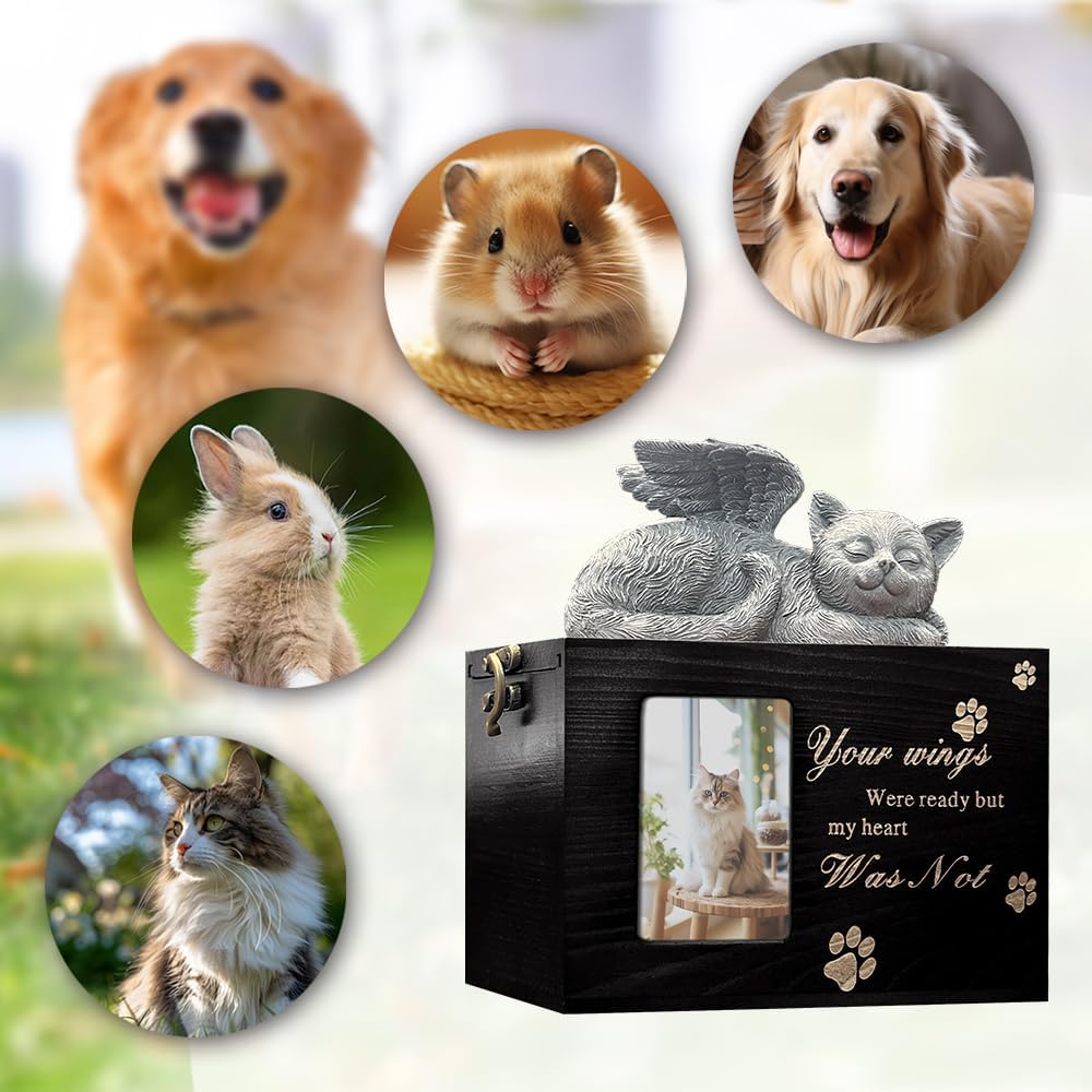 Cat Urn for Ashes Box with Picture Black Funeral Cremation Box Wooden Keepsake with Flannel Lining for Loss of Cat or