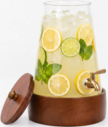 1.7 Gallon (6.4L) Glass Drink Dispenser with Spigot & Wooden Base - Large Rustic Beverage Dispenser for Parties, Iced