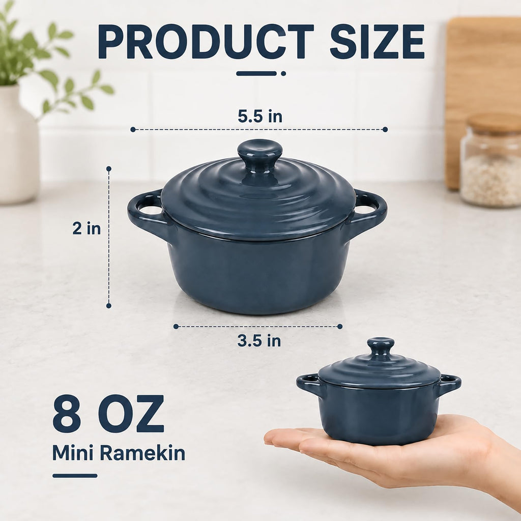 4 Pack Porcelain Ramekin with Lids and Handles Oven Safe, 8 oz Round Souffle Creme Brulee Baking Dish, Pudding