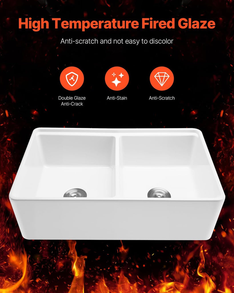 33x20 inch Farmhouse Sink, White Sink Workstation, Fireclay Undermount Basins, Apron Front Double Bowl Basin with