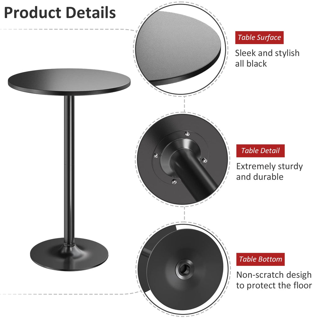 Bistro Pub Table 2 Pack Round Bar Height Cocktail Table Metal Base MDF Top Obsidian with Black Leg 23.8-Inch Top