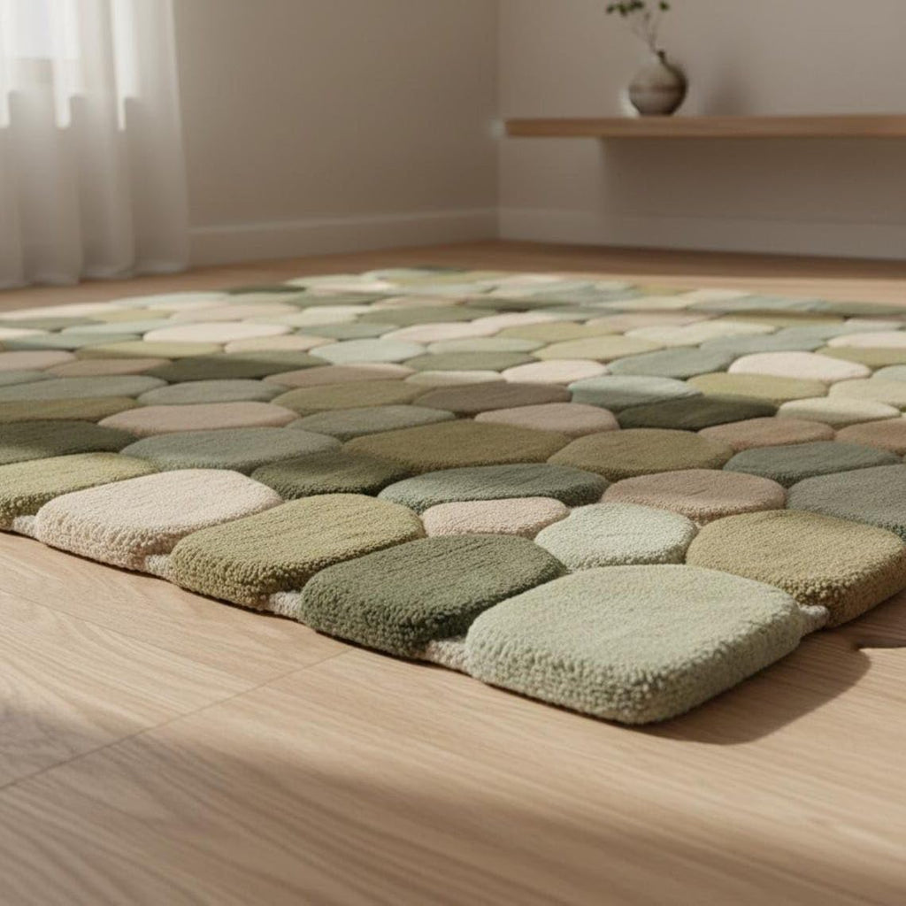 Hand Tufted Wool Area Rug Green Pebble Design Minimalist Style Soft Warm Non Slip Backing Functional & Decorative