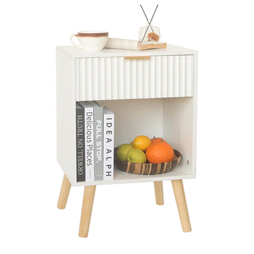 White Fluted Nightstand, Modern Bedside Table with Drawer and Shelf