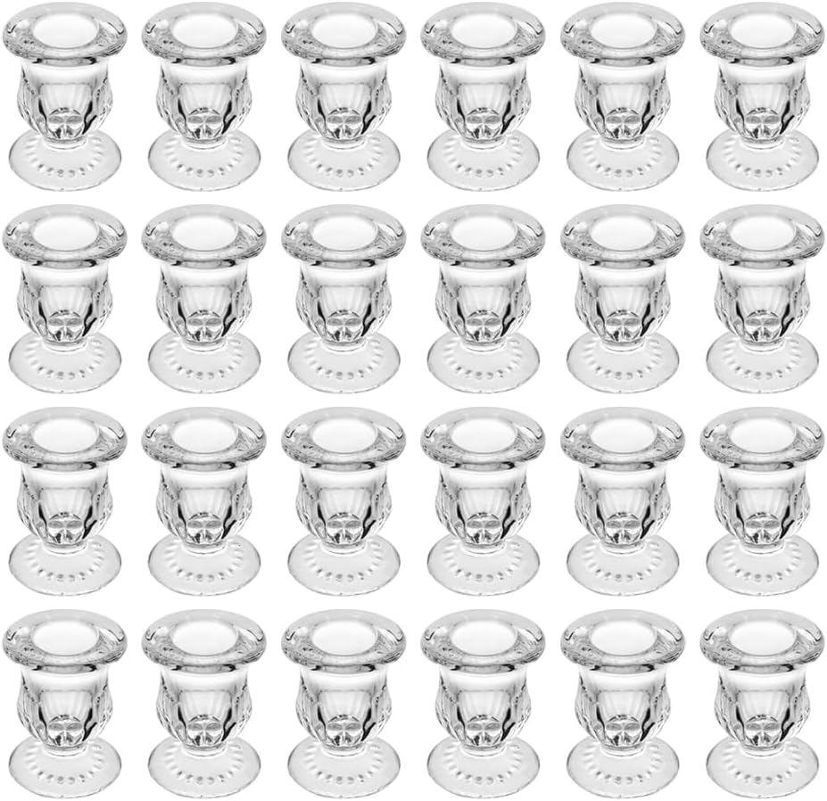 Glass Taper Candle Holder Set of 24 - Clear Crystal Candlestick Holders for Tapered Candles, Elegant Candle Stick