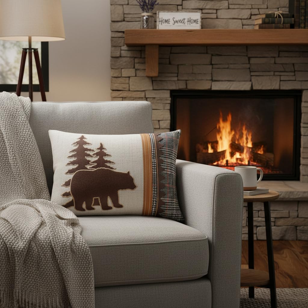 18 x 13 Inch Bear Pillow, Plaid Cabin Lumbar Throw Pillow