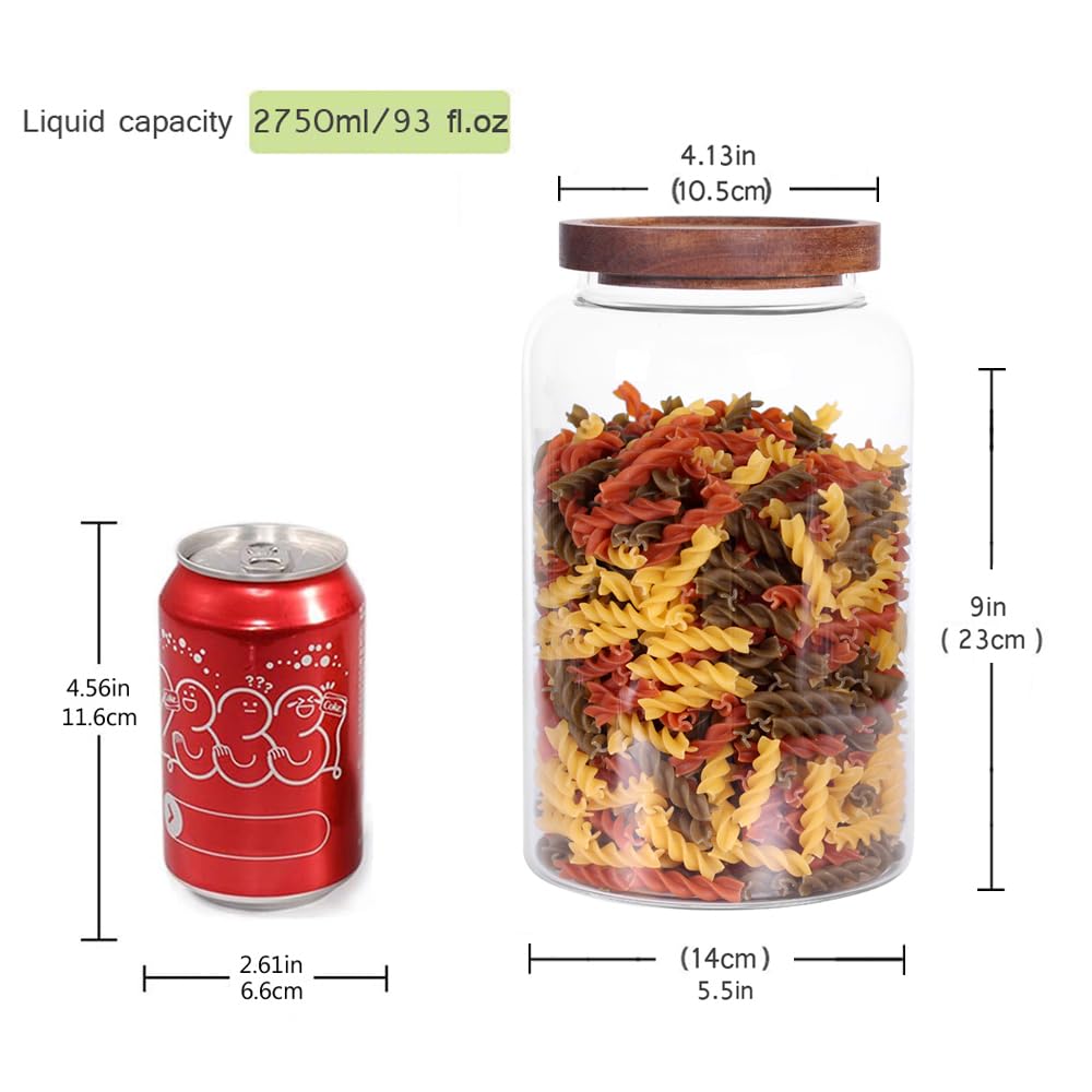 Large Glass Jar with Airtight Lid Set of 2 93 FL OZ(2750ml) glass canister set, Glass Food Containers Wooden Lid Suit