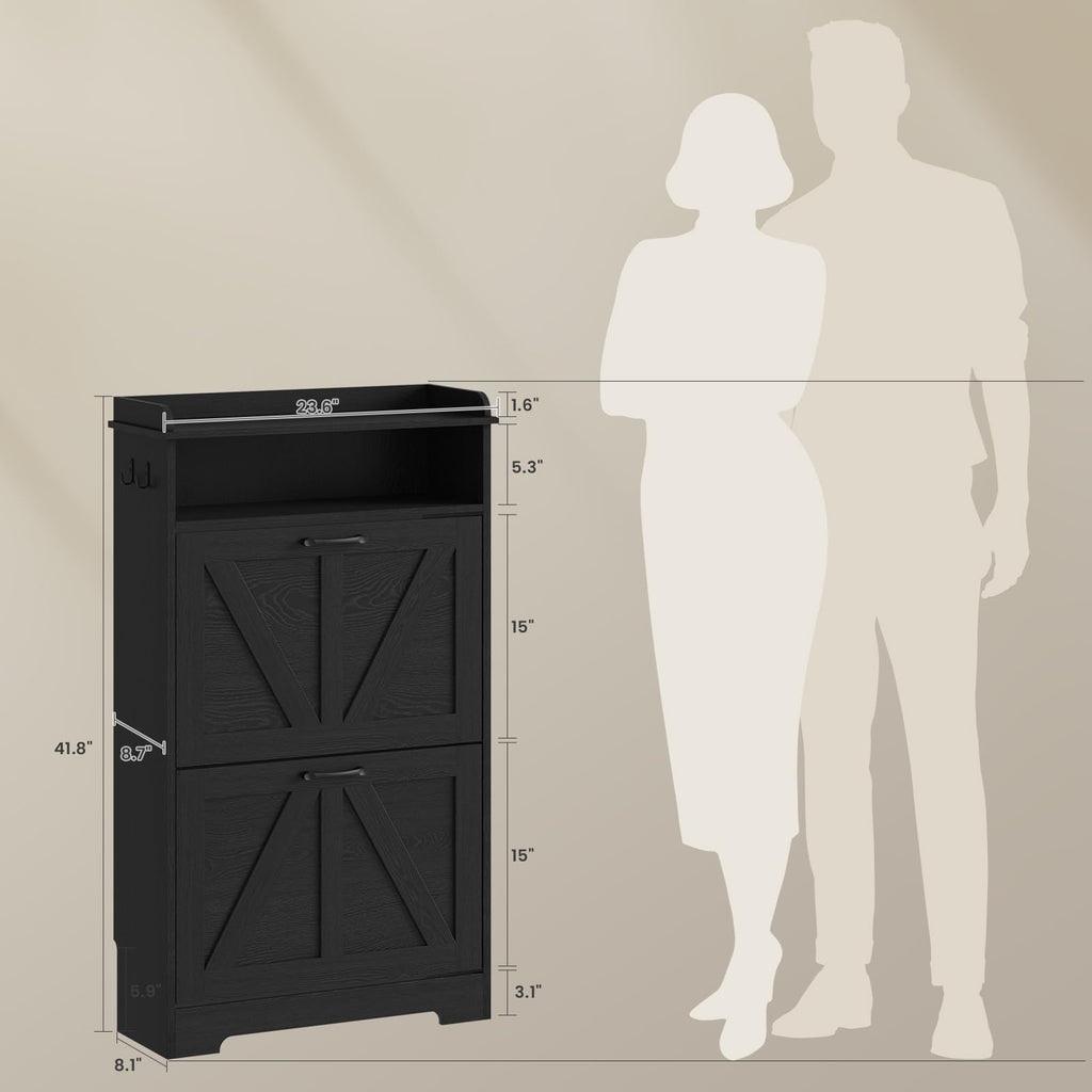 Farmhouse Narrow Shoe Cabinet with 2 Flip Drawers, 23.6" W Black