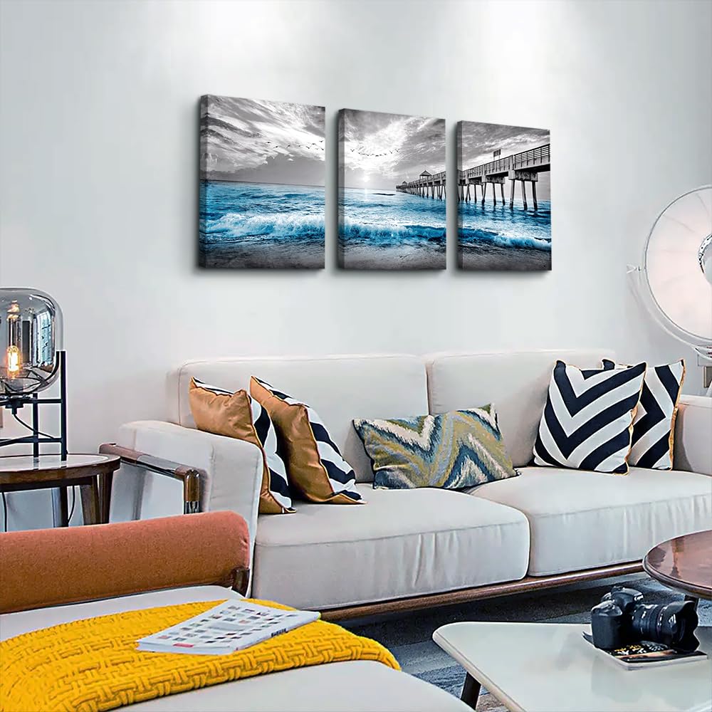 Wall Decorations 3 Piece Framed Canvas Wall Art Black And White Wall Painting Blue Ocean Sea Wave Pictures