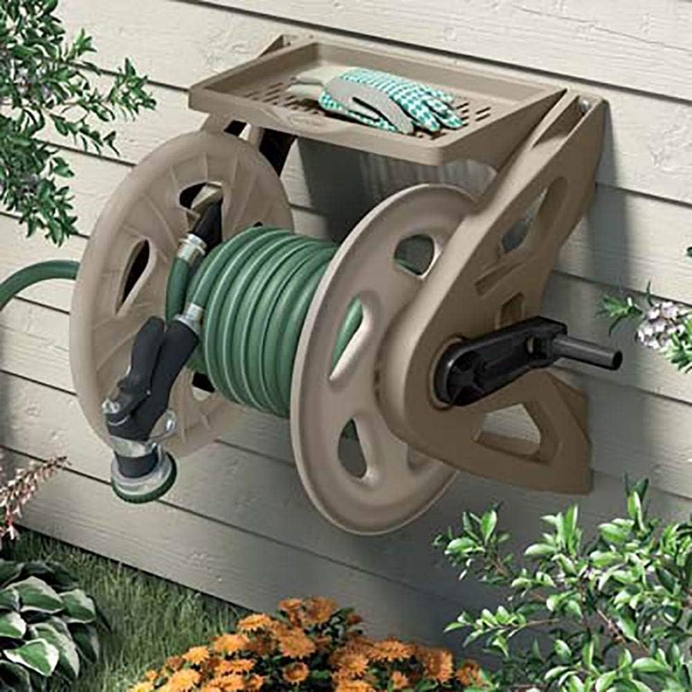 Handler Durable Hard Plastic Wall Mounted Outdoor Retractable Garden Hose Reel with Storage Tray and 200 Feet Hose