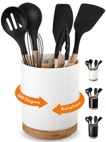 7.5" Utensil Holder, 3 Compartment Ceramic Kitchen Utensil Holder with Cork Bottom, Large Utensil Crock