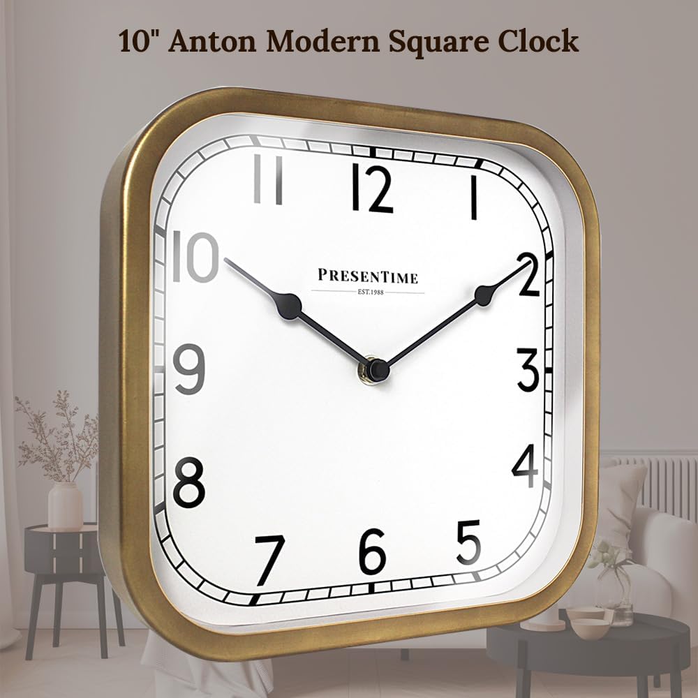 Presentime & Co 10" Anton Vintage Square Clock, Silent No Ticking, Wall & Mantel 2 in 1 Clock, Desk and Shelf Clock