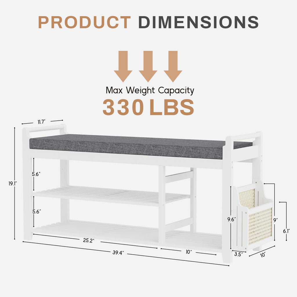 2-Tier Shoe Rack Bench, 39.4 in, White and Dark Grey