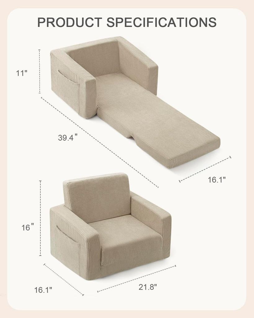 In-1 Kids Chair and Couch, Cozy Corduroy Kids Sofa, Beige