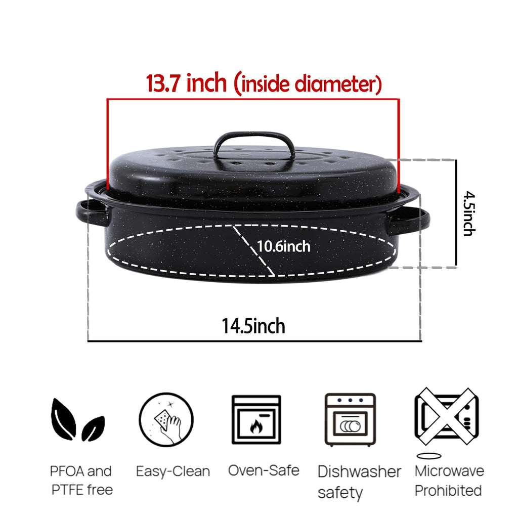 15"Oval Roasting Pan With Lid Small Chicken Roaster, With 13.7in Inner Diameter Enamel Steel Roasting Pot Suitable for