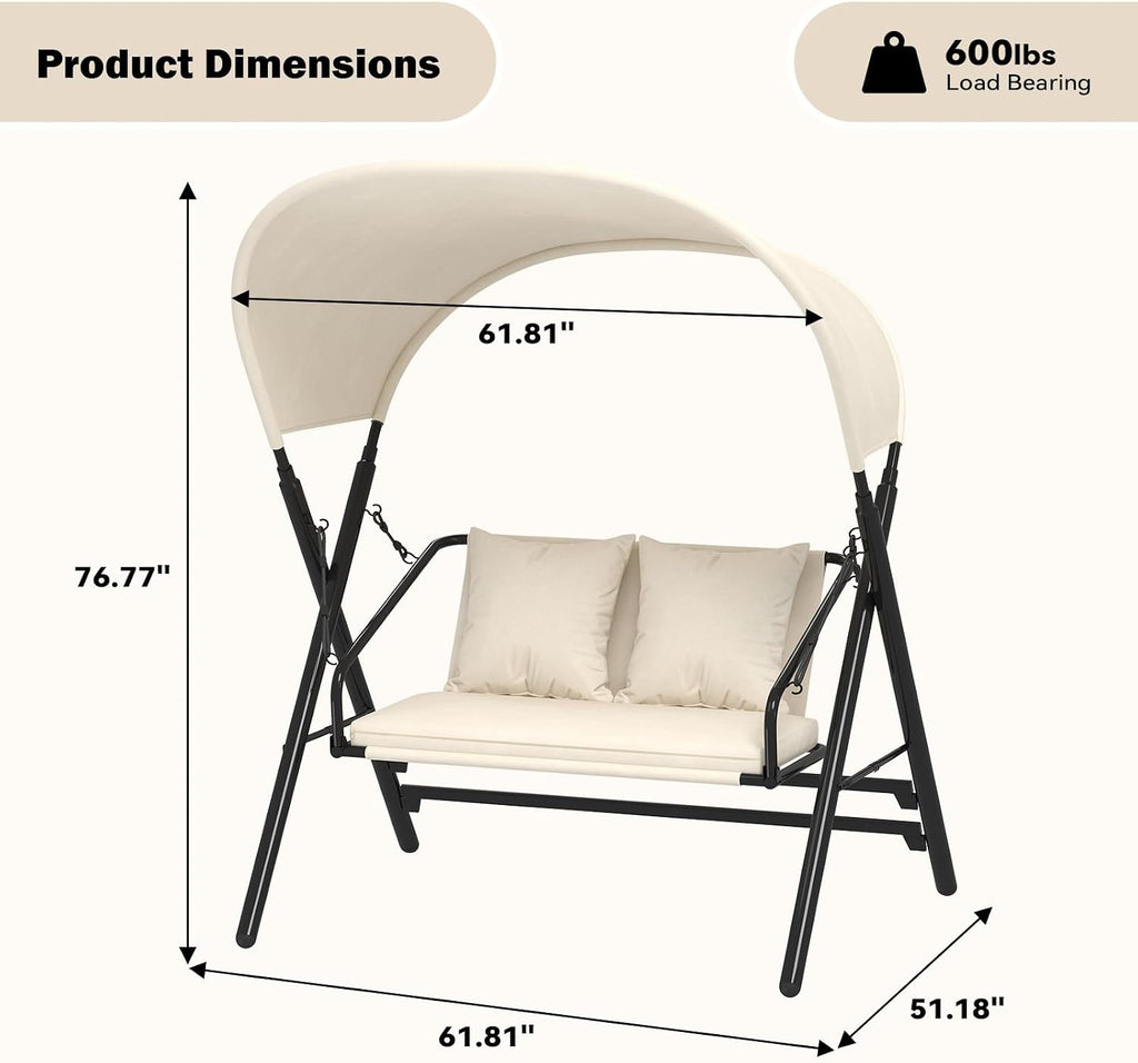 Outdoor Porch Swings for Adults 600LBS 2 Seat Patio Swings with Canopy Stand Thick Cushion Pillows Metal Steel Frame