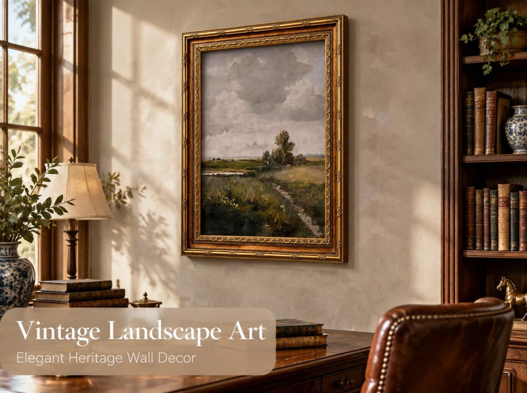 Vintage Gold Framed Rustic Landscape Wall Art Nature Landscape Canvas Wall Decor Cottagecore Poster Artwork Picture