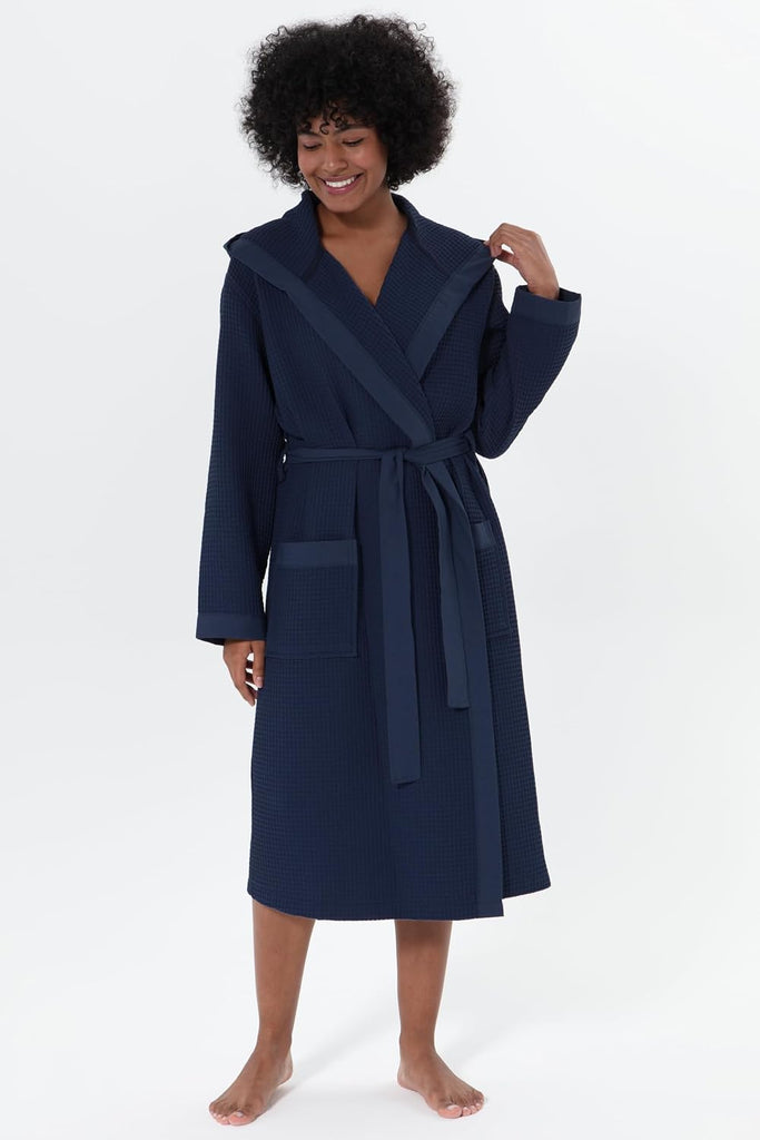 Women's Organic Cotton Waffle Kimono, Hooded Robe - GOTS Certified Lightweight Full-Length Spa Bathrobe with Piping