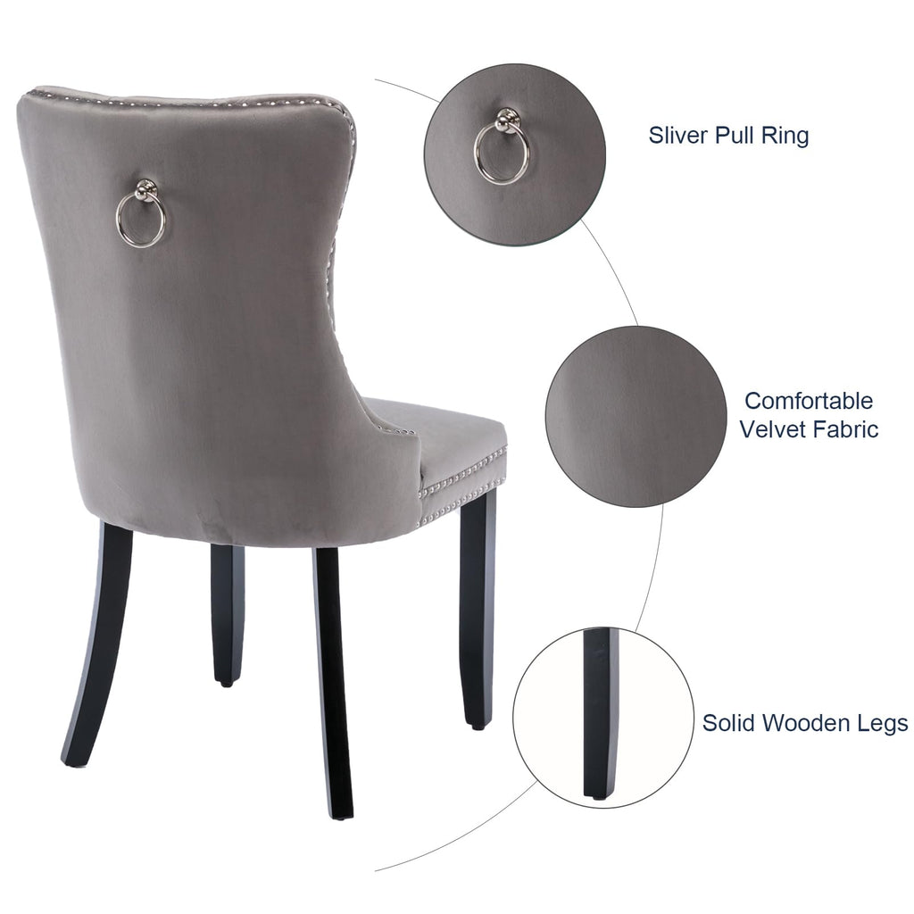 Grey Velvet Dining Chairs Set of 6, Tufted Back with Ring Pull