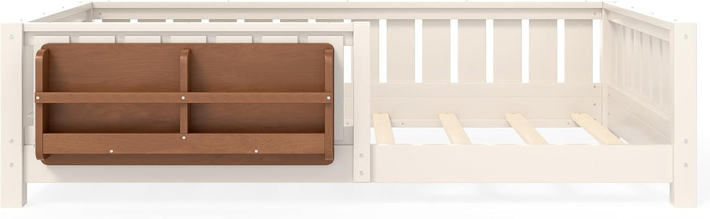 Kids Montessori Bed with Bookshelf, Solid Wood with Fence and Slats for Girls Boys, Low-Profile, Beige