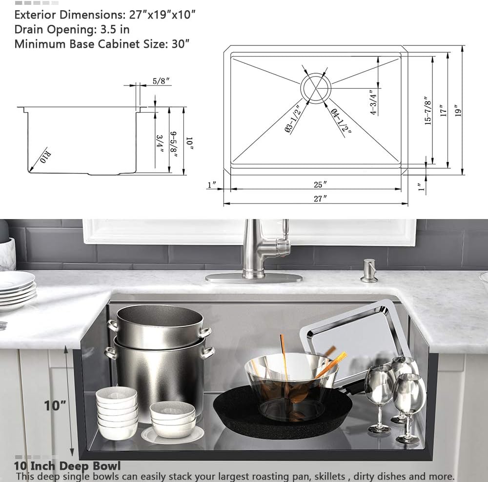 27x19 Undermount Kitchen Sink Stainless Steel Workstation Sink | 16 Gauge Stainless Steel Kitchen Sink Undermount