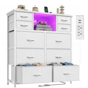 White Dresser with Charging Station & LED, 10 Drawers
