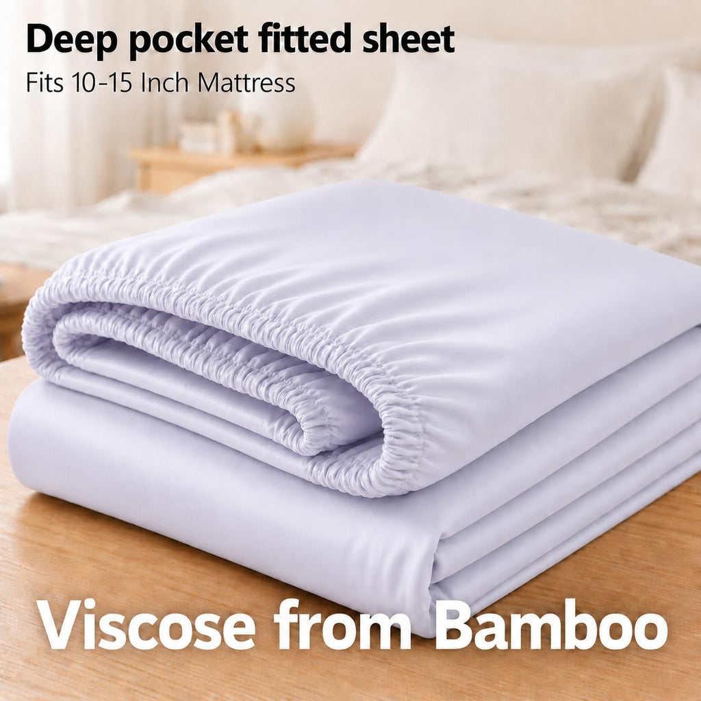 Viscose from Bamboo Fitted Bottom Sheet Only, Olympic Queen Size, Deep Pocket, Extremely Soft Sheets, Solid White