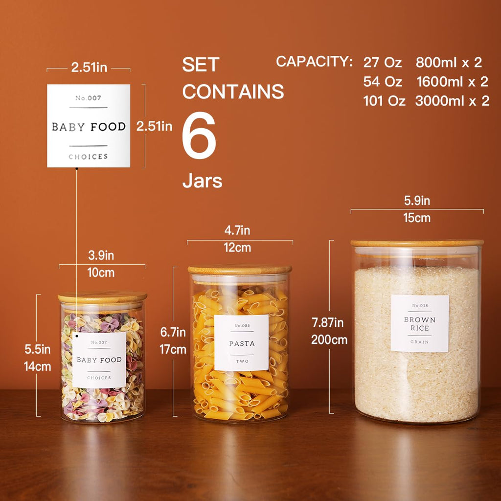 Set of 6 Glass Flour and Sugar jars with 132 Kitchen Pantry Labels - Thicken Large Glass Storage containers