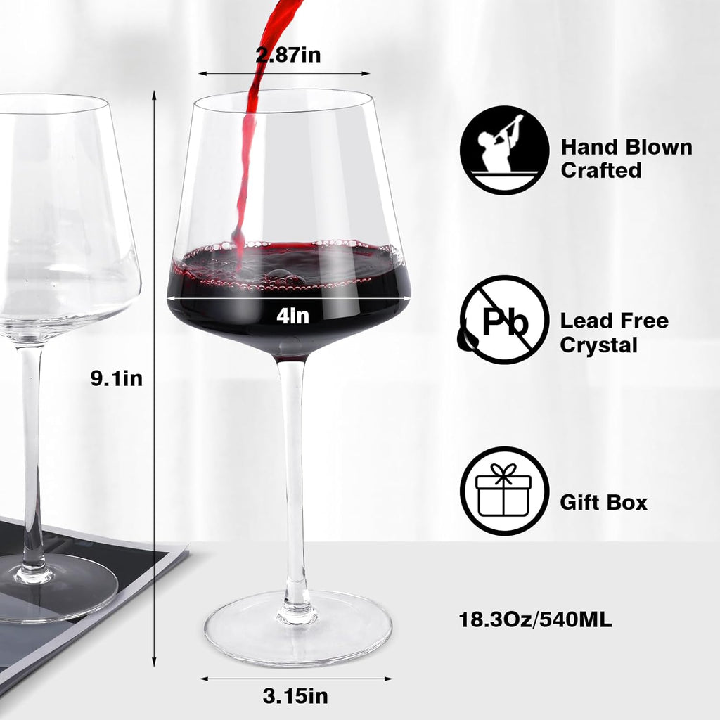 Wine Glasses Set of 4- Hand Blown Crystal, 18 oz Modern Glasses with Tall Stem for Red White Wine, Great Gift