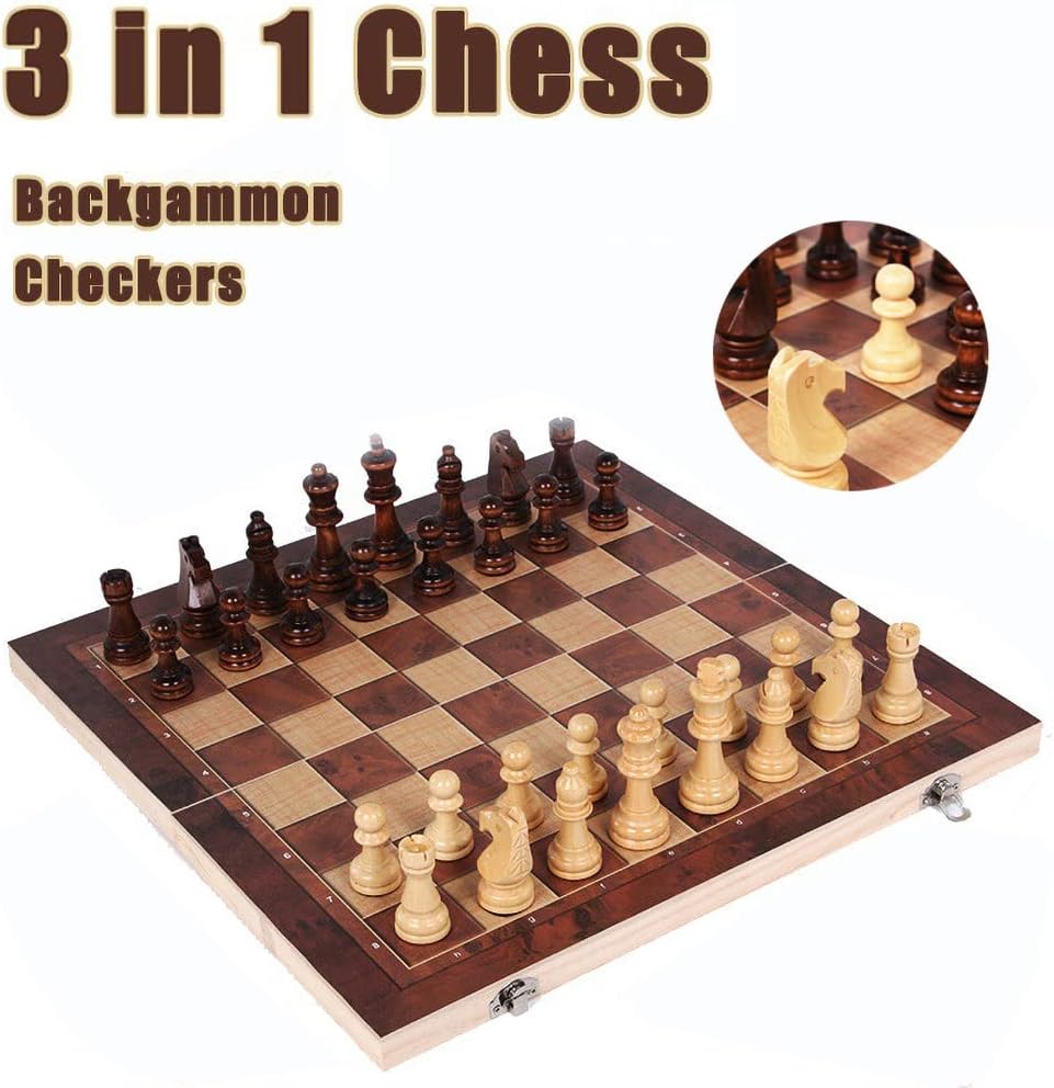 Chess Set, 3 in 1 Wooden Chess Board Game in Chess, Backgammon, Checkers