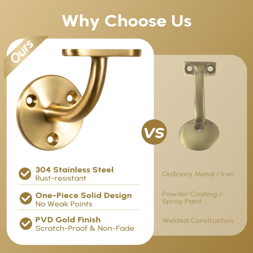 Heavy Duty Gold Handrail Brackets for Indoor Stairs, 304 Stainless Steel Stair Railing Bracket, Wall Mount Banister