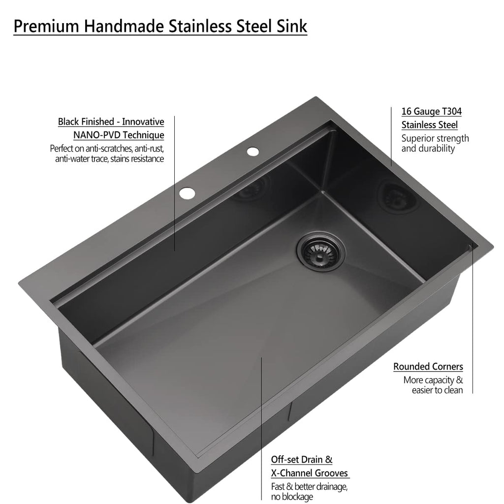 33 Inch Black Drop In Offset Drain, 33x22 Drop In Workstation 16 Gauge Stainless Steel Top Mount Single Bowl Sink