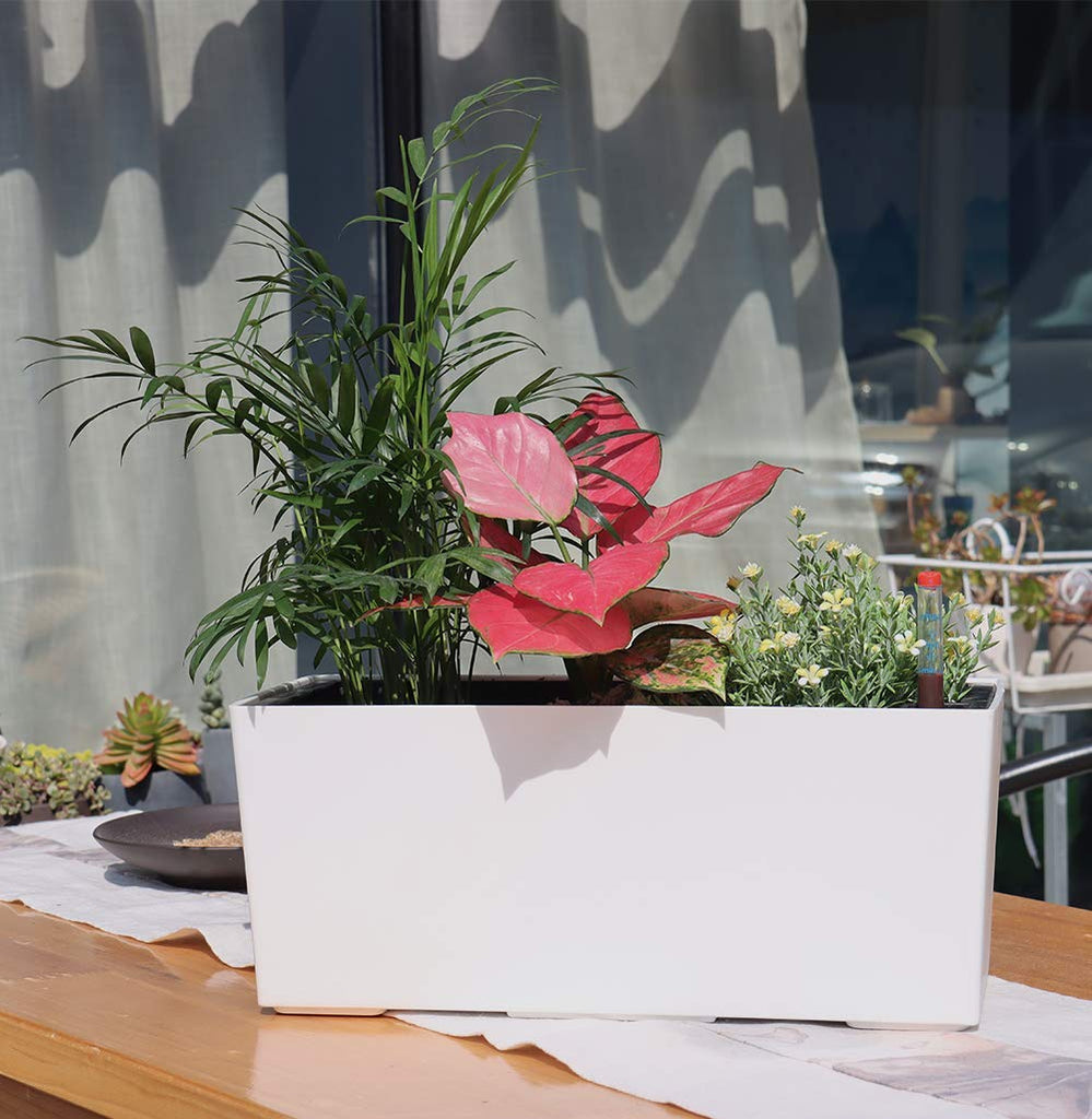 14" Self Watering Planter Pots with Water Level Indicator, Rectangle Matte Plastic Window Box for Indoor Outdoor