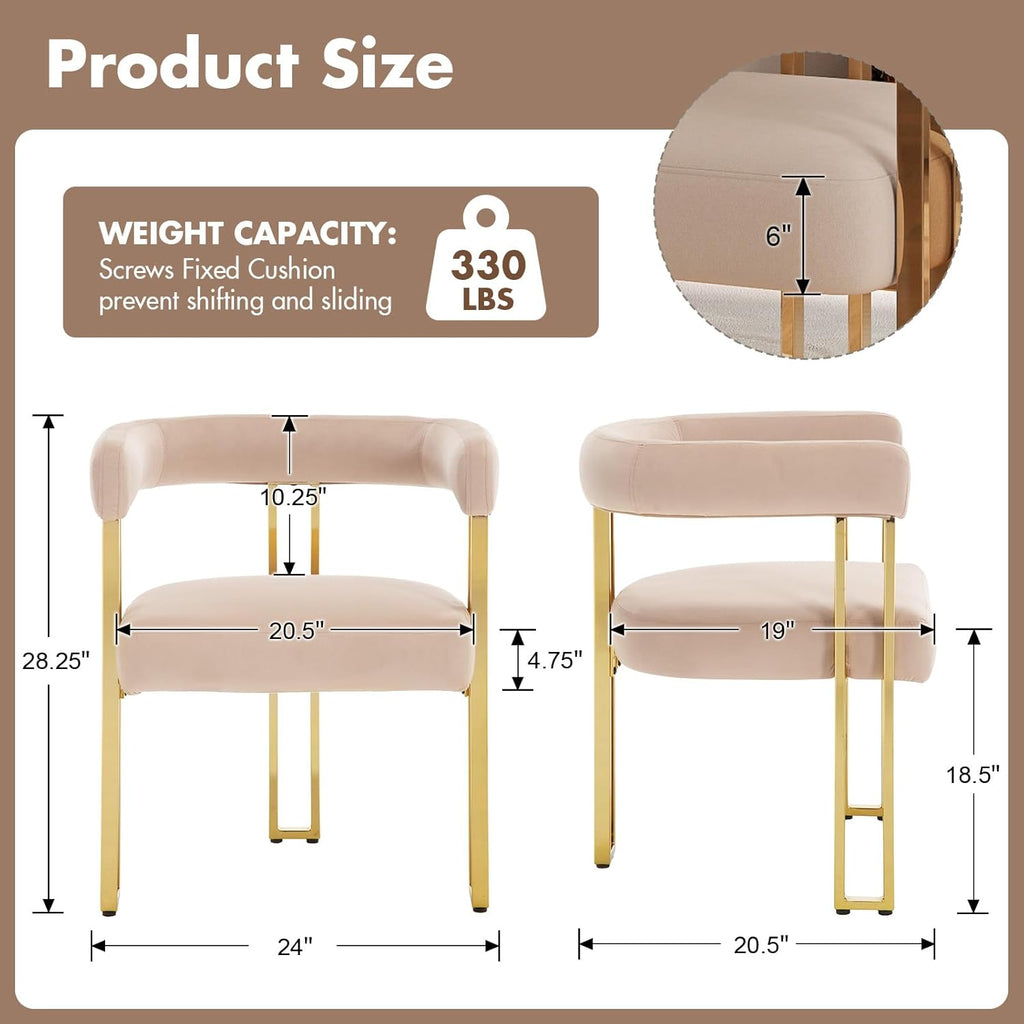 Velvet Dining Chairs Set of 4, Khaki Upholstered Barrel Armchairs with Gold Metal Legs for Kitchen Island, Mid